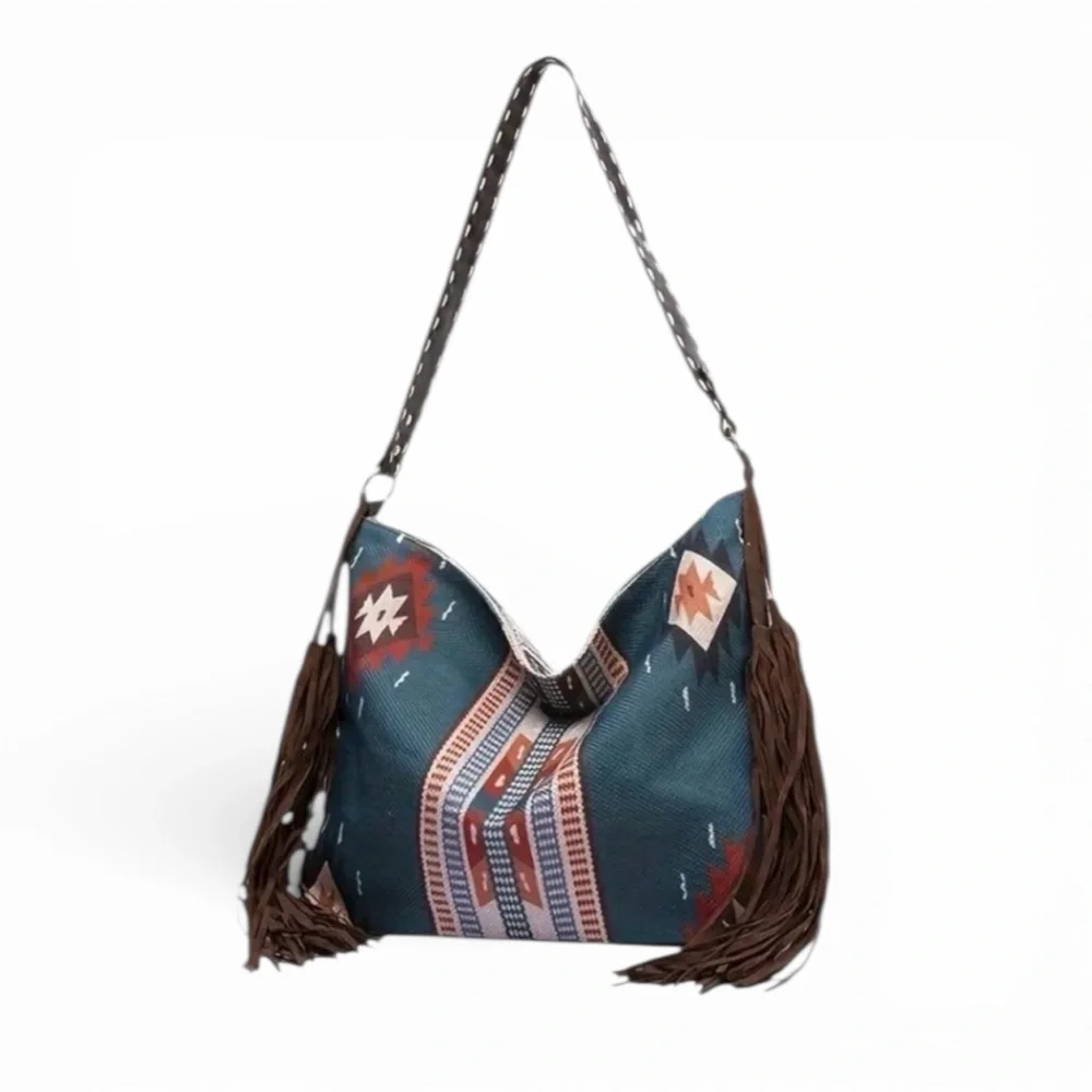 Bohemian Fringe Shoulder Bag In Blue and Brown New